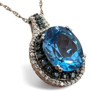 Blue Topaz Double Diamond Halo Pendant Necklace 925 Sterling Silver 18in Chain